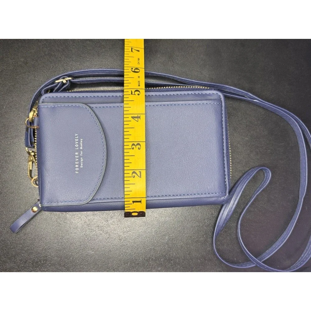 Forever Lovely Blue Crossbody Wallet Phone Purse Organizer Gold Zip Faux Leather